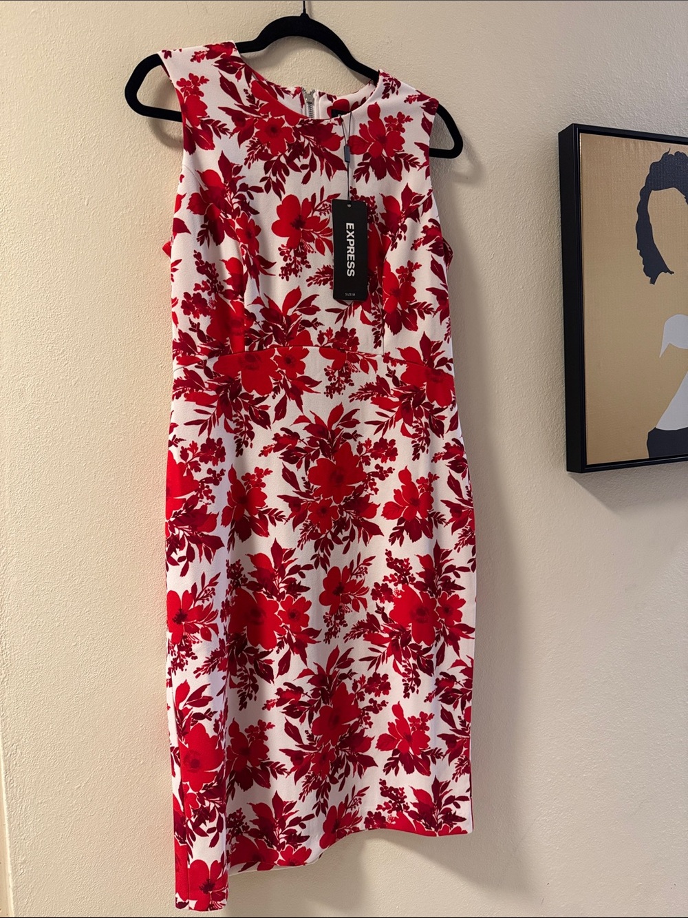 Express White Sheath Dress with Red Floral Print